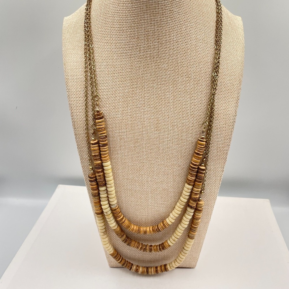 VTG Plunder‎ Design Necklace Multi Strand Wood Bead Brass Chain Boho Statement